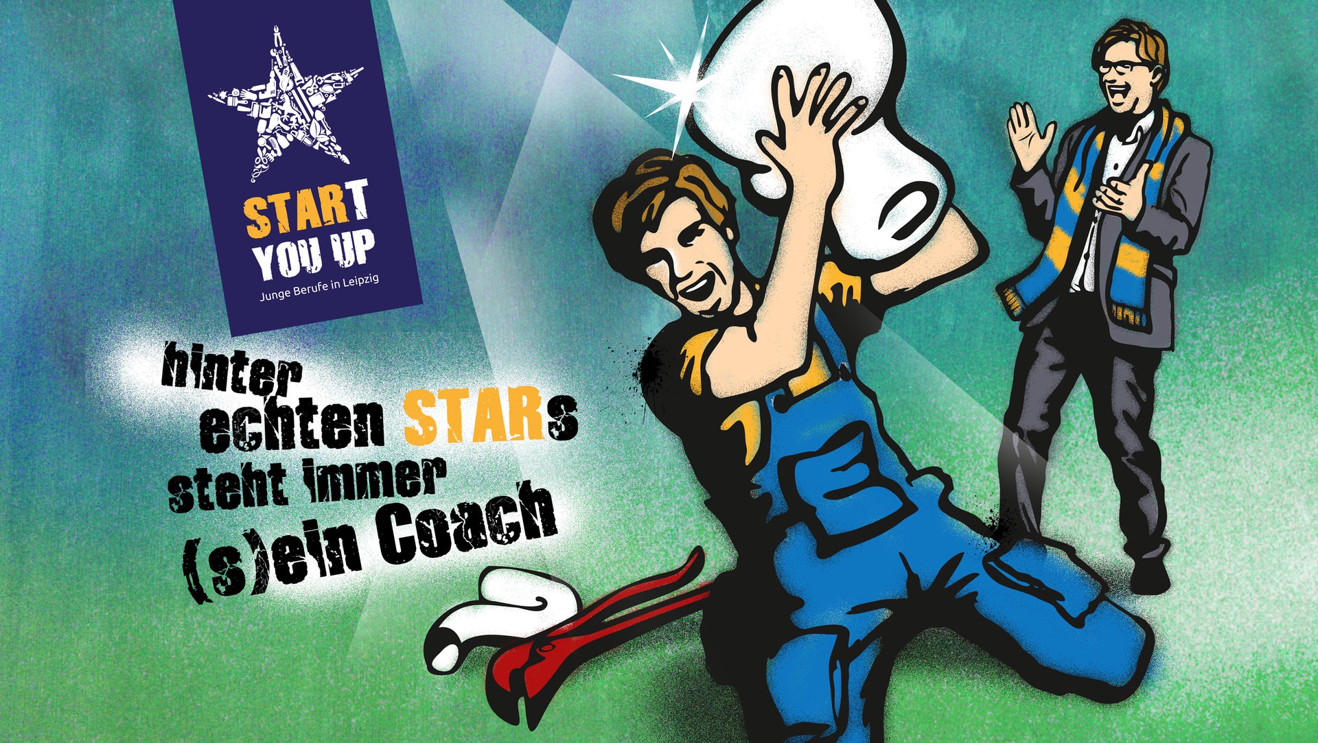 Coach-Klempner-breit Kampagne STARt you up Motiv Installateur Lehrling als Fußballstar